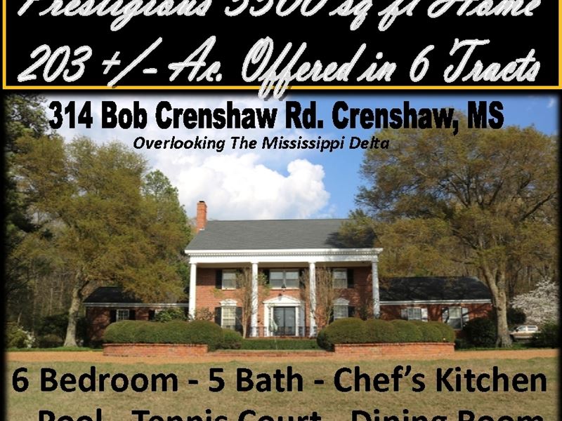 Prestigious 5500 Sq Ft Home 203 Ac. : Crenshaw : Panola County : Mississippi